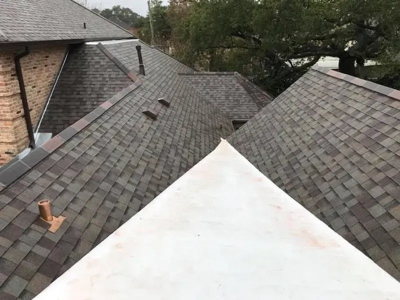 View of a multi-level roof with brown shingles and a white flat section, set outdoors.
