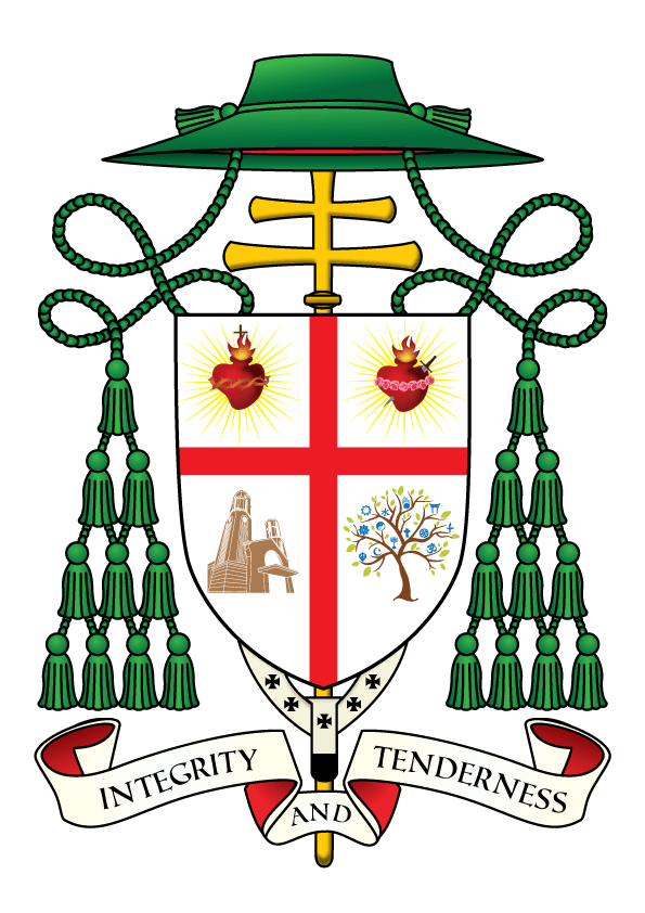 Coat of arms with red cross on shield, two hearts, church, tree. Green hat, tassels, and banner