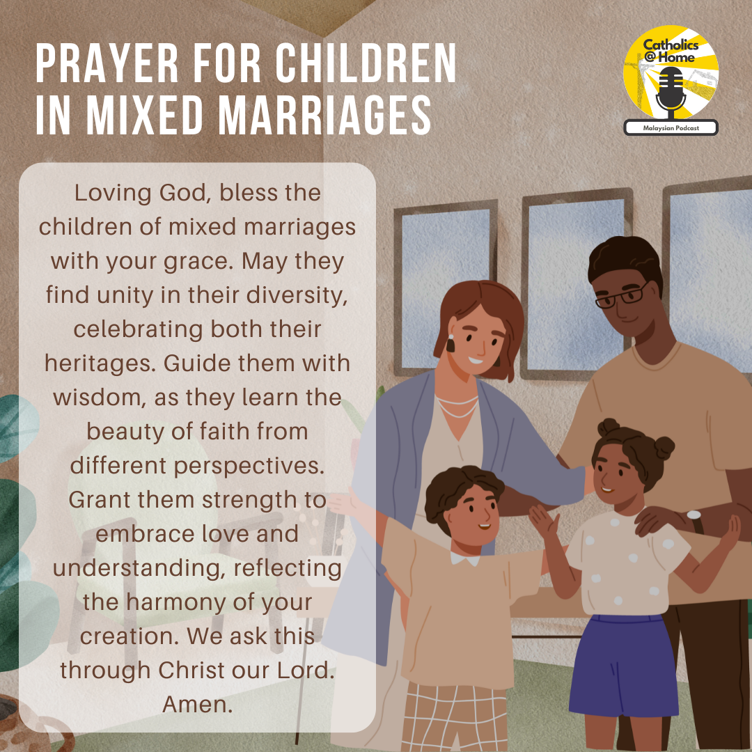 Prayer for children in mixed marriages: Family illustration with prayer text about grace, unity, and faith.