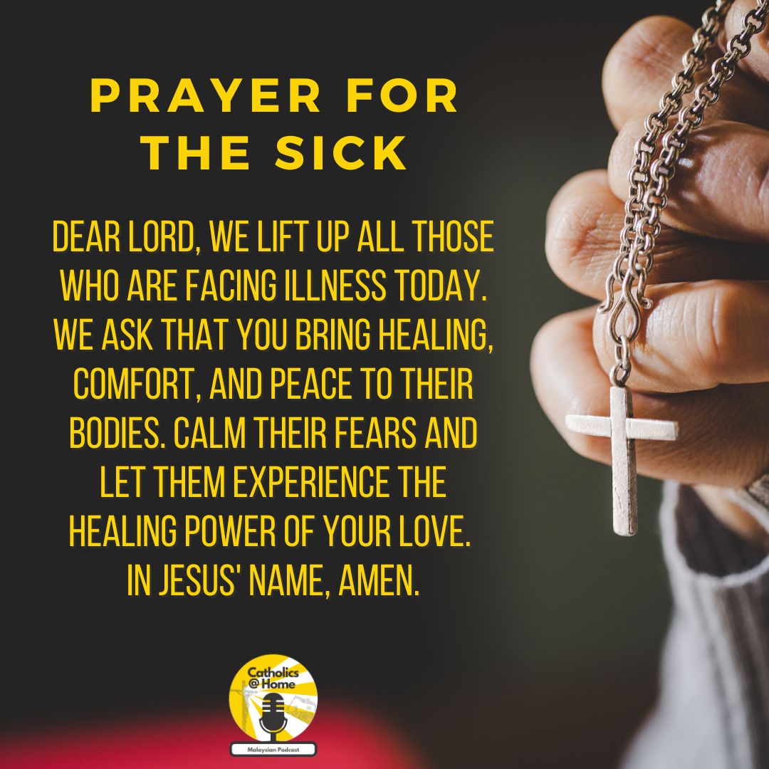 Prayer for the sick. Text on yellow background, hand holding a cross.