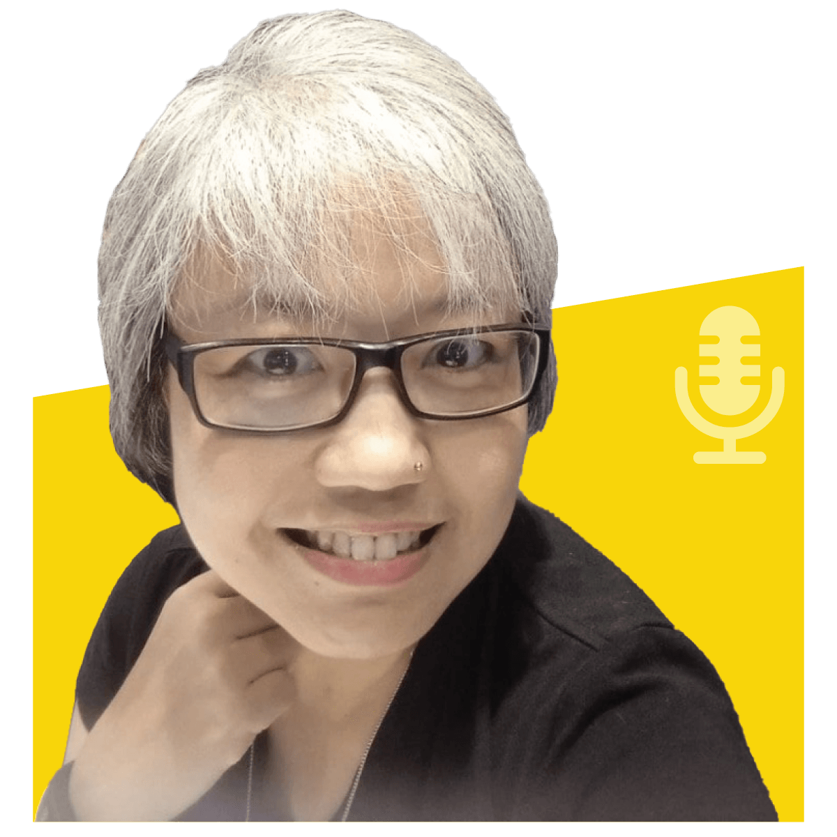 Smiling woman with gray hair and glasses, in front of a yellow podcast background.