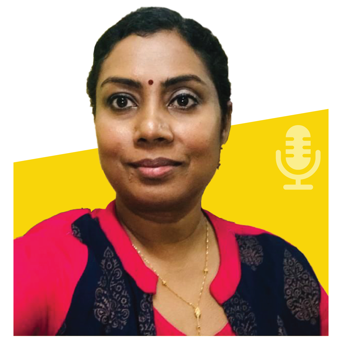 Woman with dark hair and a red shirt; yellow and white background with a microphone.