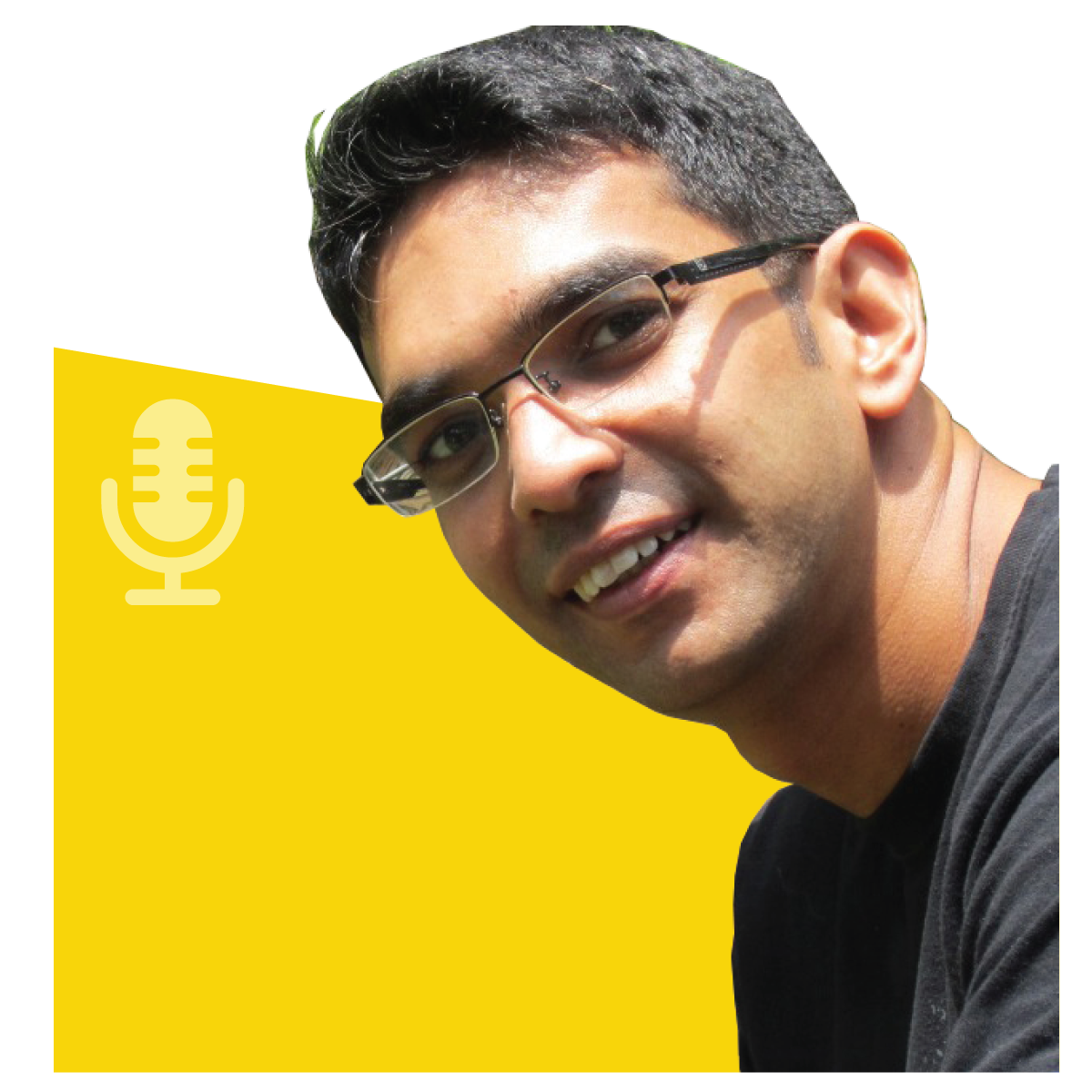 Man with glasses smiling, set against yellow background with a microphone icon.