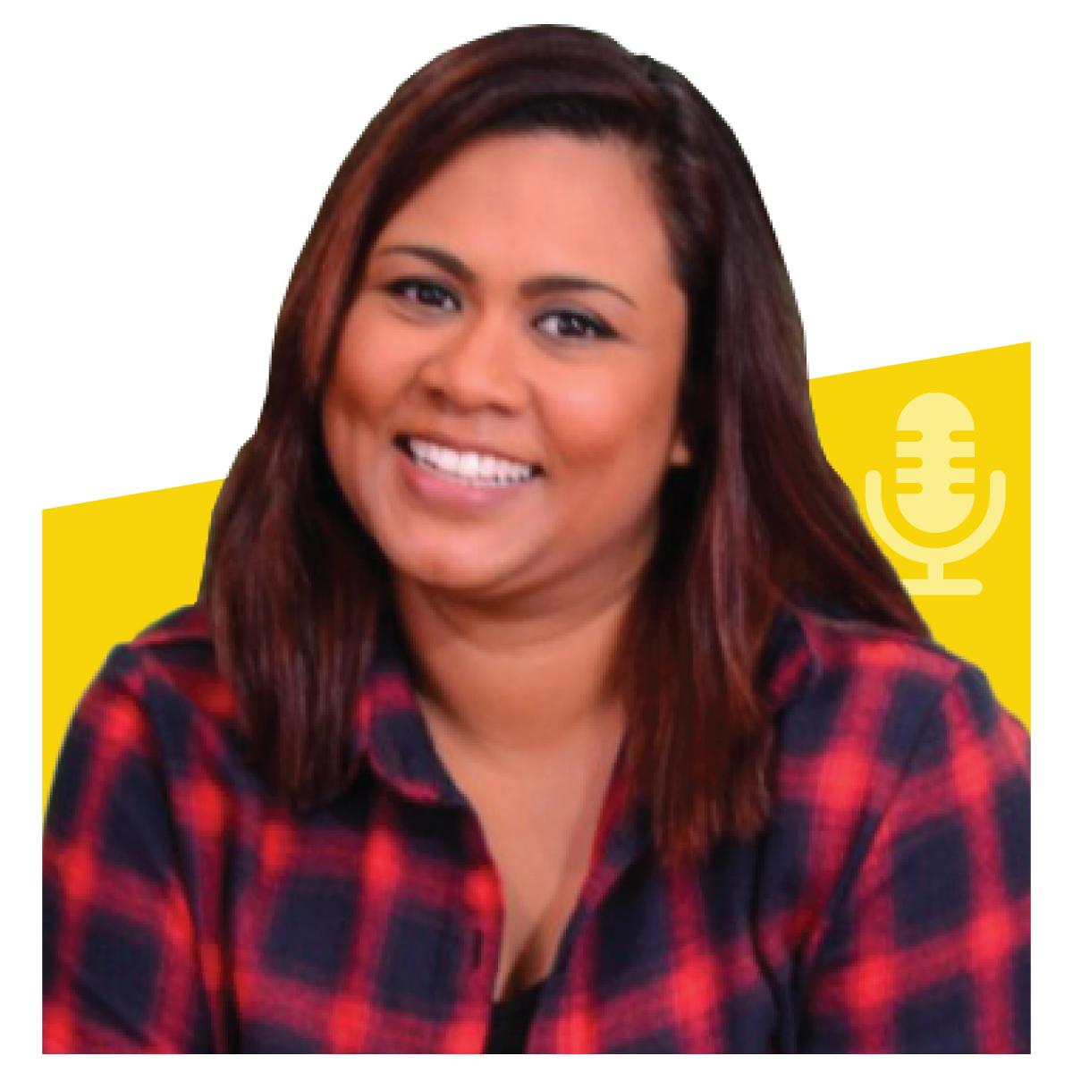 Woman with brown hair smiling, wearing red plaid shirt, microphone icon in background.