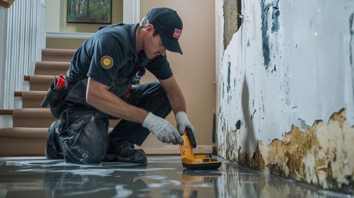 Worker using a floor grinder to remove mold or water damage from a wall and floor edge