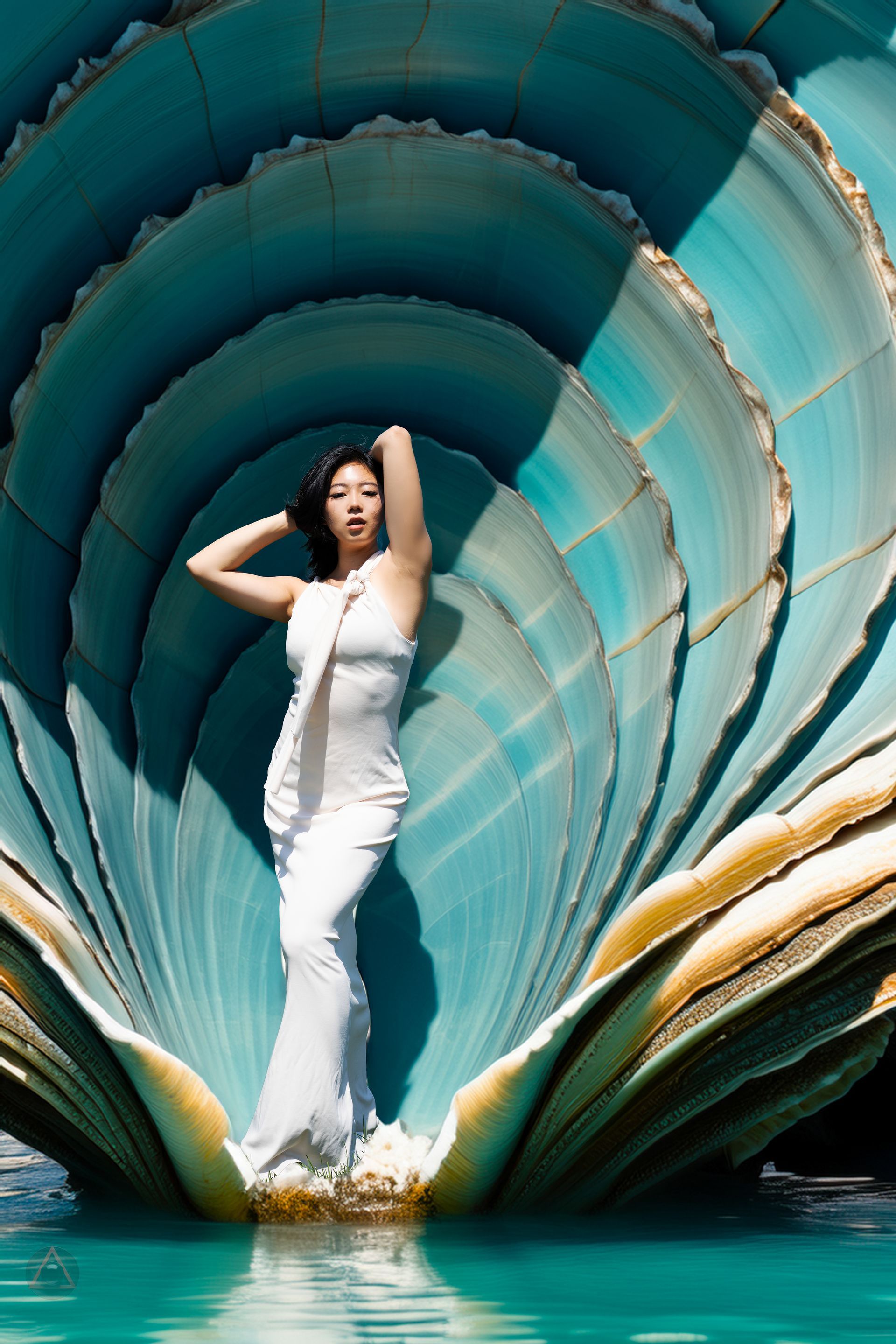 NYC model Minnie Lee in white dress posing inside large, turquoise seashell. Photographed by ERIC AXL