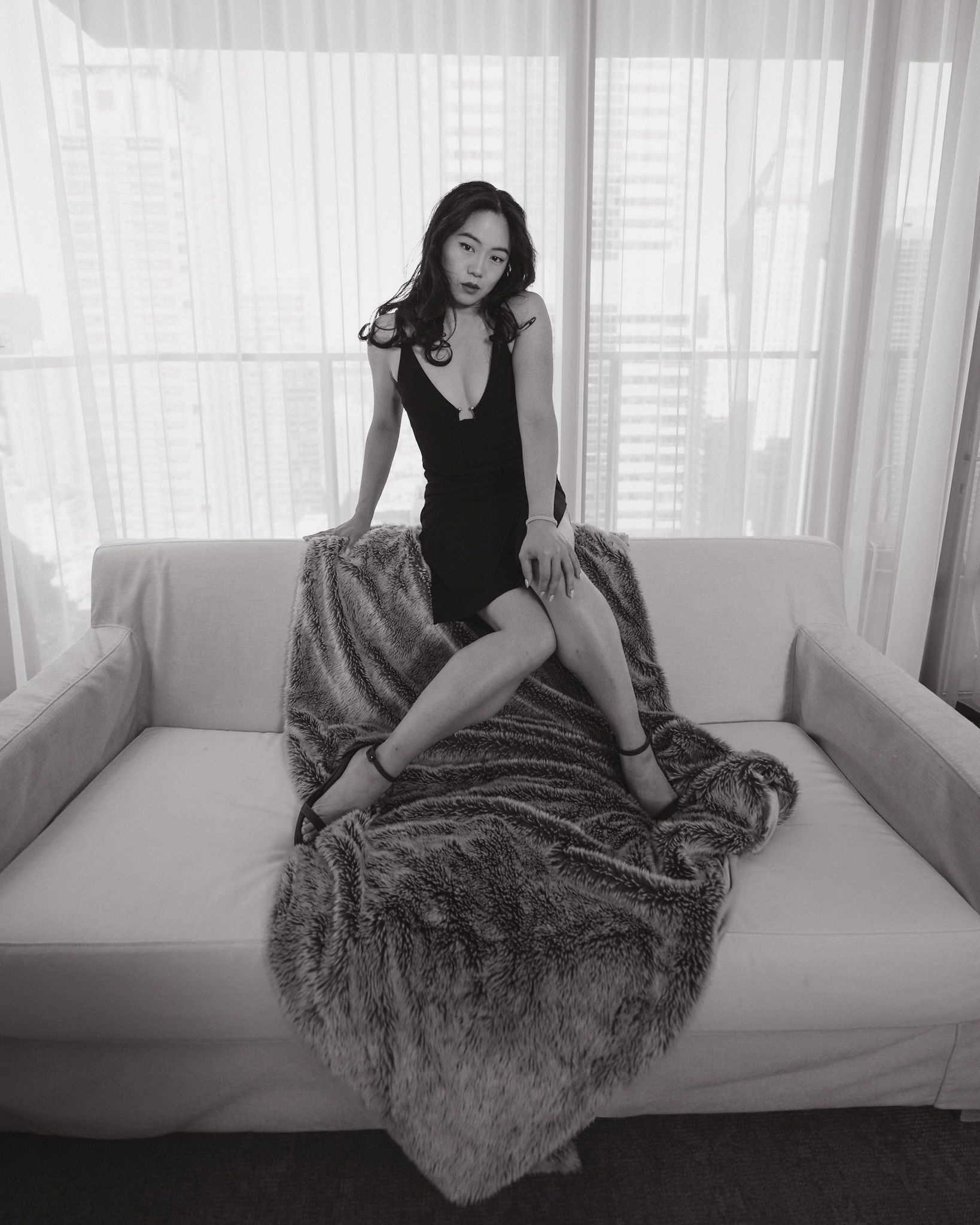 Fashion hotel lifestyle editorial portrait in black and white