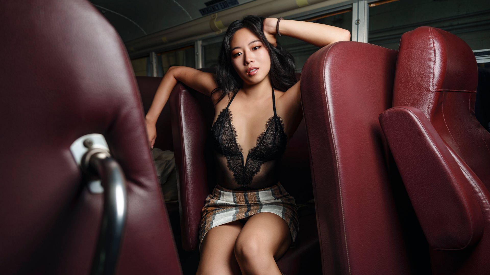 Minnie Lee Editorial Model school bus photoshoot at Crown Speed Lab