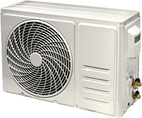Outdoor air conditioning unit, white, with a fan grill.