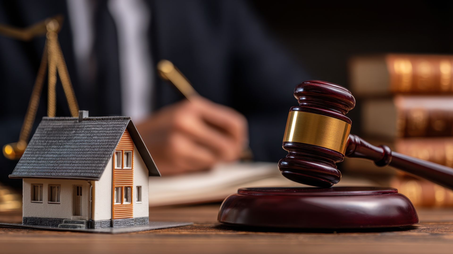 A landlord attorney with a gavel beside a miniature house, justice scales, and legal documents.