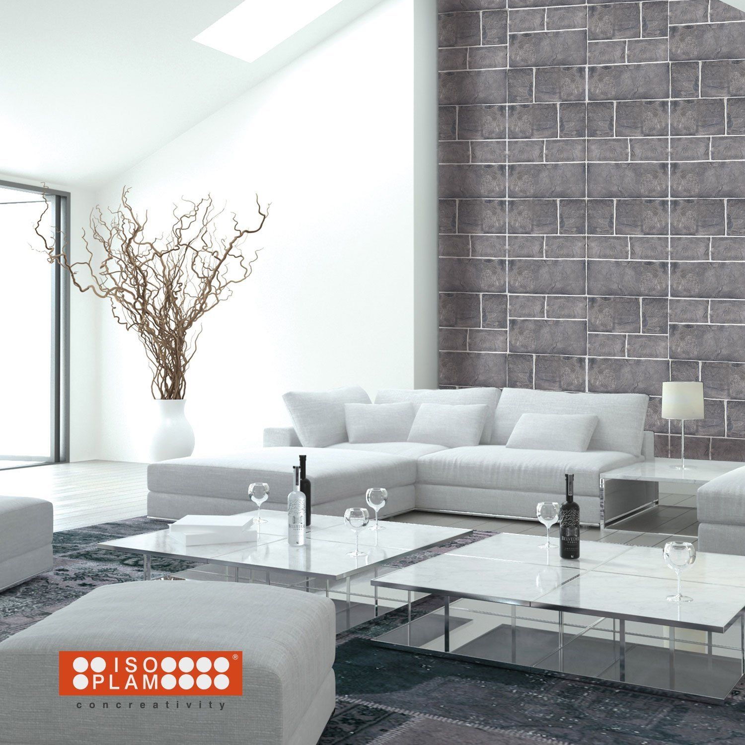 soggiorno con parete in muro stampato