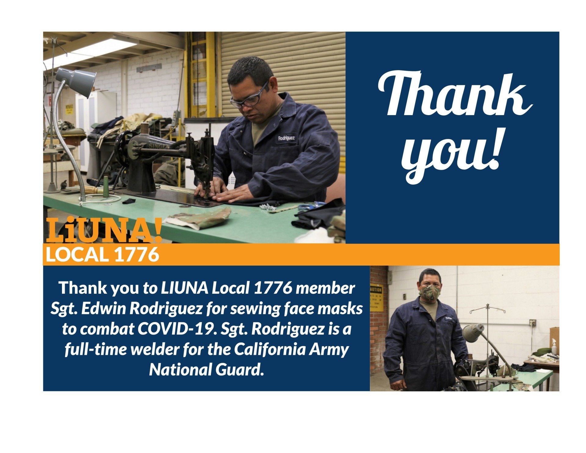 A poster that says thank you to luna local 1776 member sgt edwin rodriguez for sewing face masks to combat covid-19