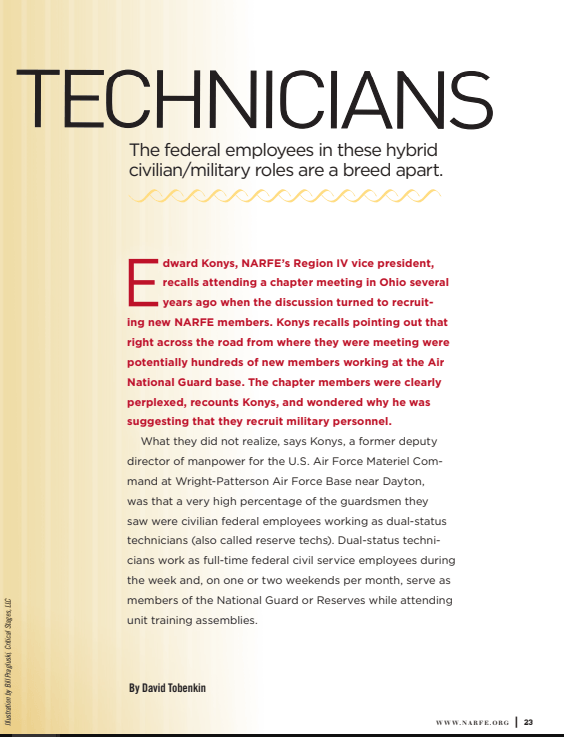 A page from a magazine titled technicians the federal employees in these hybrid civilian / military roles are a breed apart
