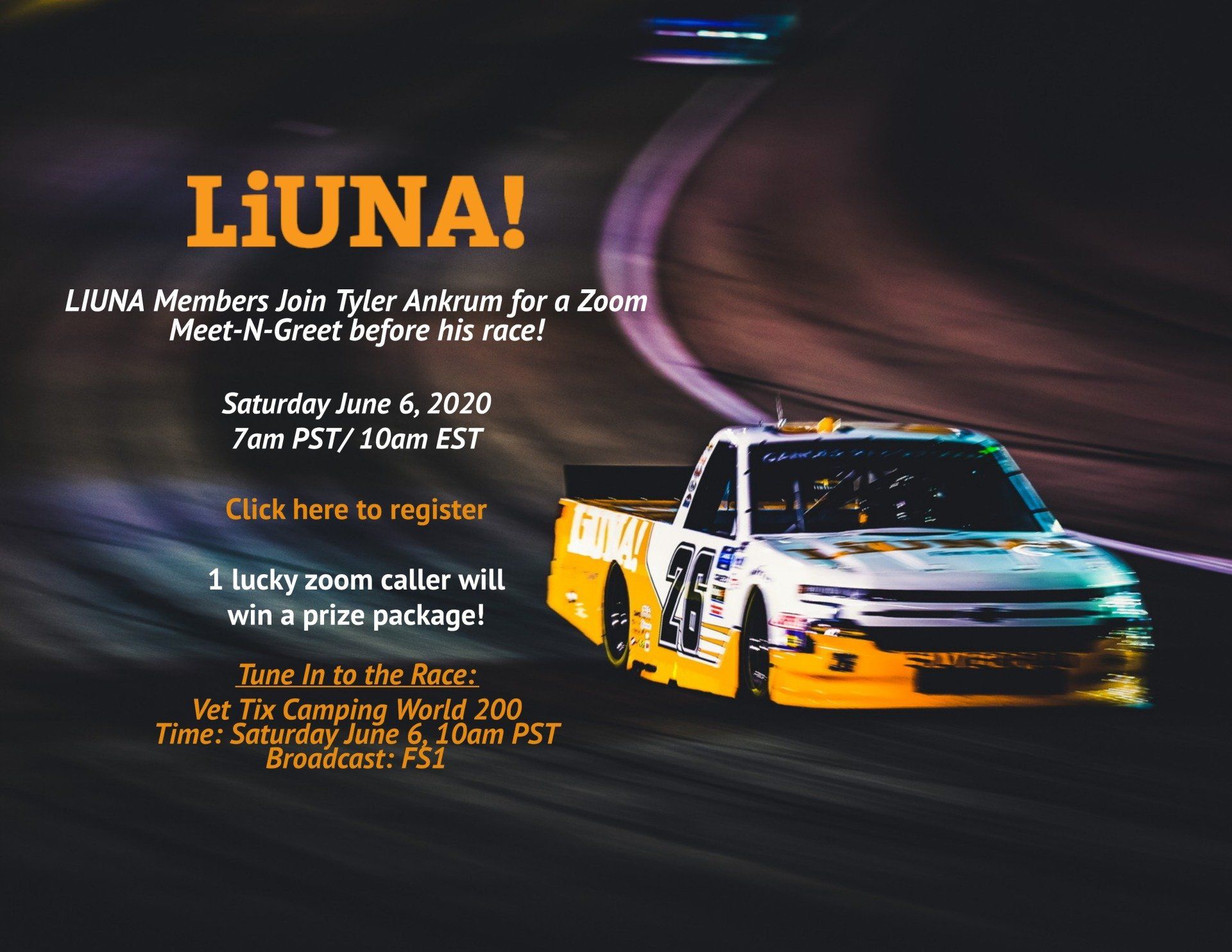 A flyer for liuna with a race car on it