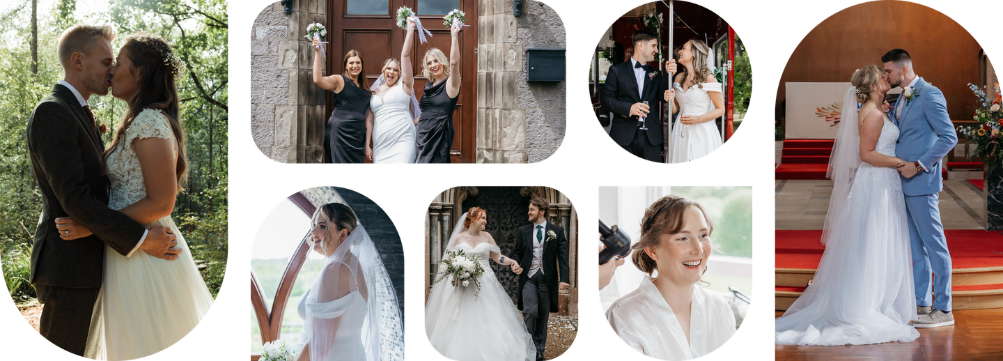 A collage of images of a bride and groom on their wedding day.