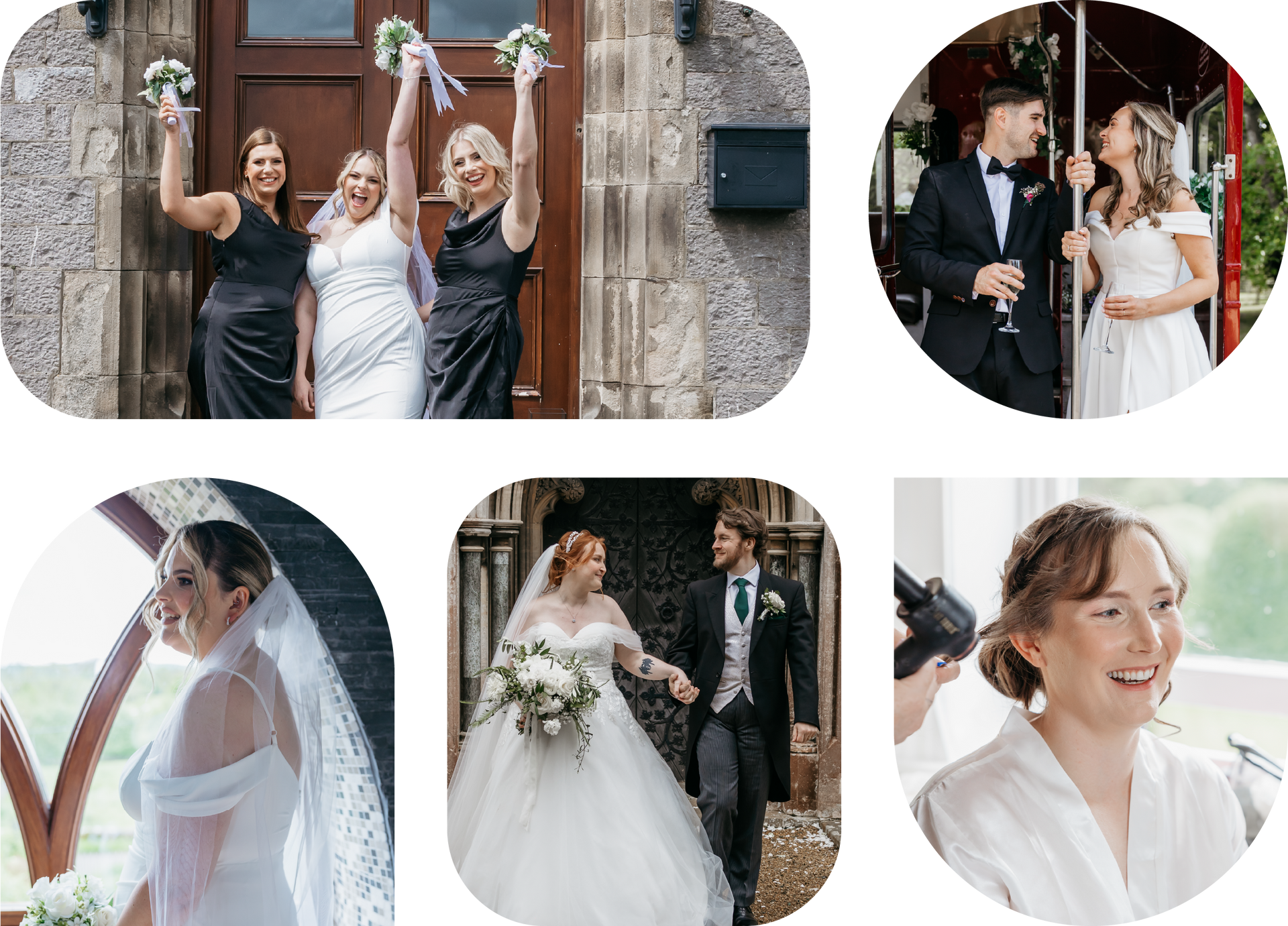 A collage of photos of a bride and groom and their wedding party.