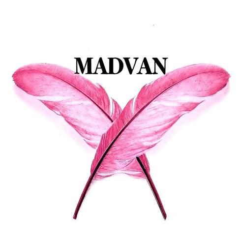 Two crossed pink feathers on a white background with the word