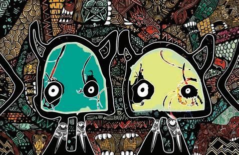 Two stylized, wide-eyed cartoon characters with teal and yellow faces, set against a dark, intricate, patterned background.
