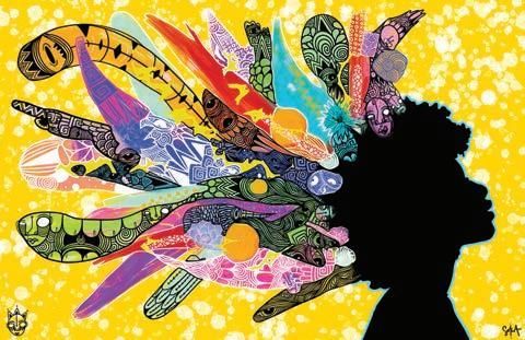 A profile silhouette against a bright yellow background, with abstract, colorful patterns exploding from the head.