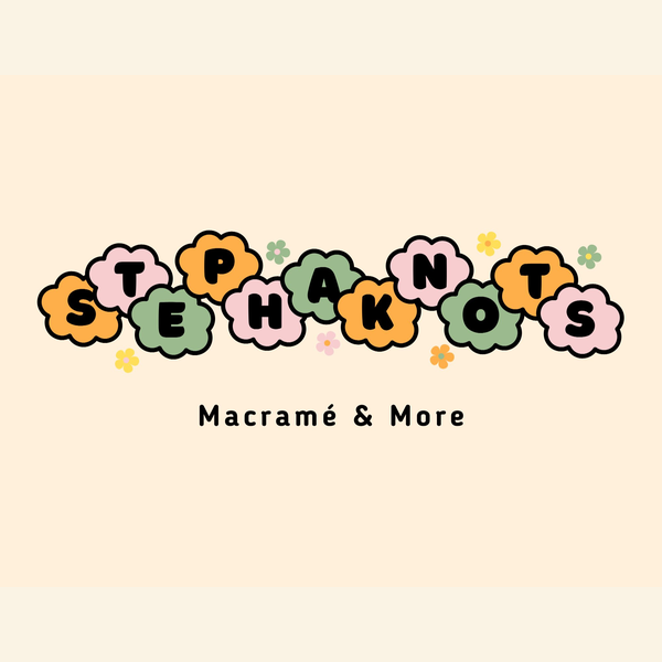 logo for "STEPHAKNOTS" inside colorful flower shapes, with "Macramé & More" written below on a cream background.