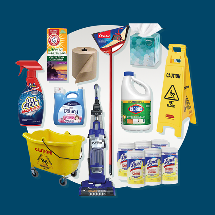 a vacuum cleaner is surrounded by cleaning supplies and a caution sign .
