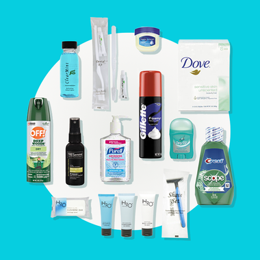 a variety of personal care products are arranged in a circle on a blue background .