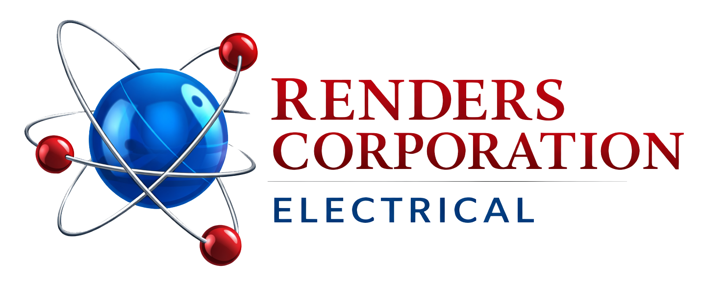 Logo for Renders Corporation Electrical featuring an atom icon with a blue center and red electrons next to the company name.