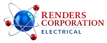 Logo for Renders Corporation Electrical featuring an atom icon with a blue center and red electrons next to the company name.