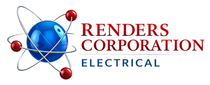 Logo for Renders Corporation Electrical featuring an atom icon with a blue center and red electrons next to the company name.
