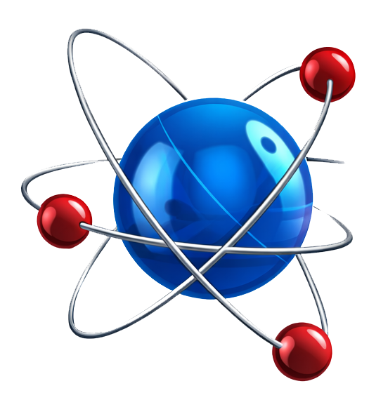 A stylized 3D model of an atom with a large blue central nucleus surrounded by three red electrons in orbital paths.
