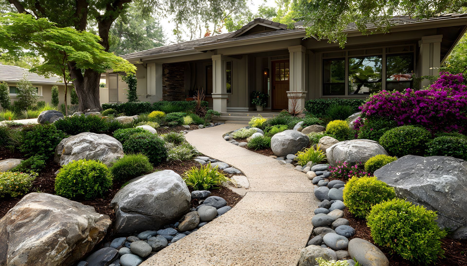 Stone pathway leads to a house with a landscaped garden featuring rocks, plants, and colorful flowers.
