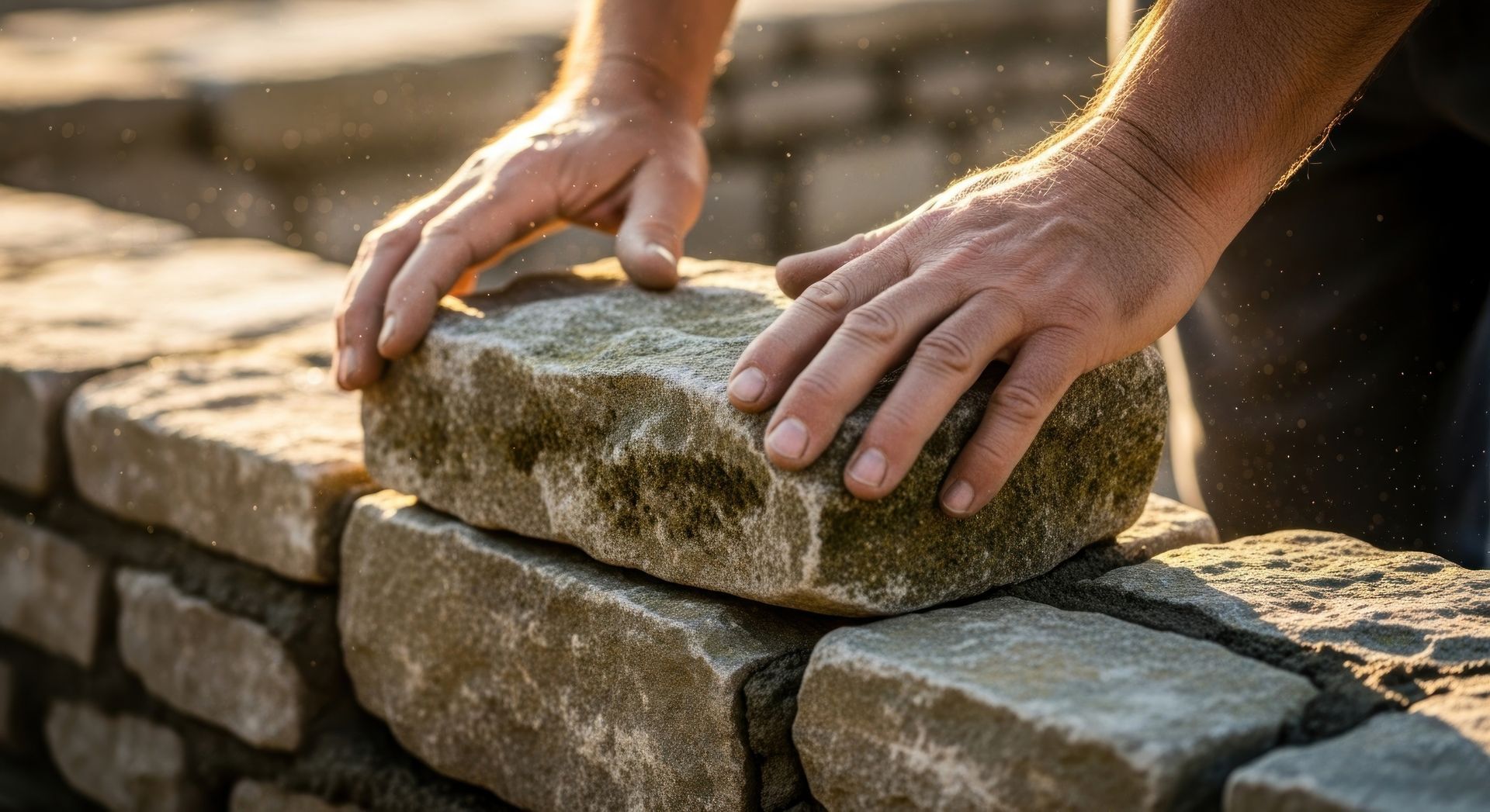 Person placing a stone on a wall under construction; hands visible.