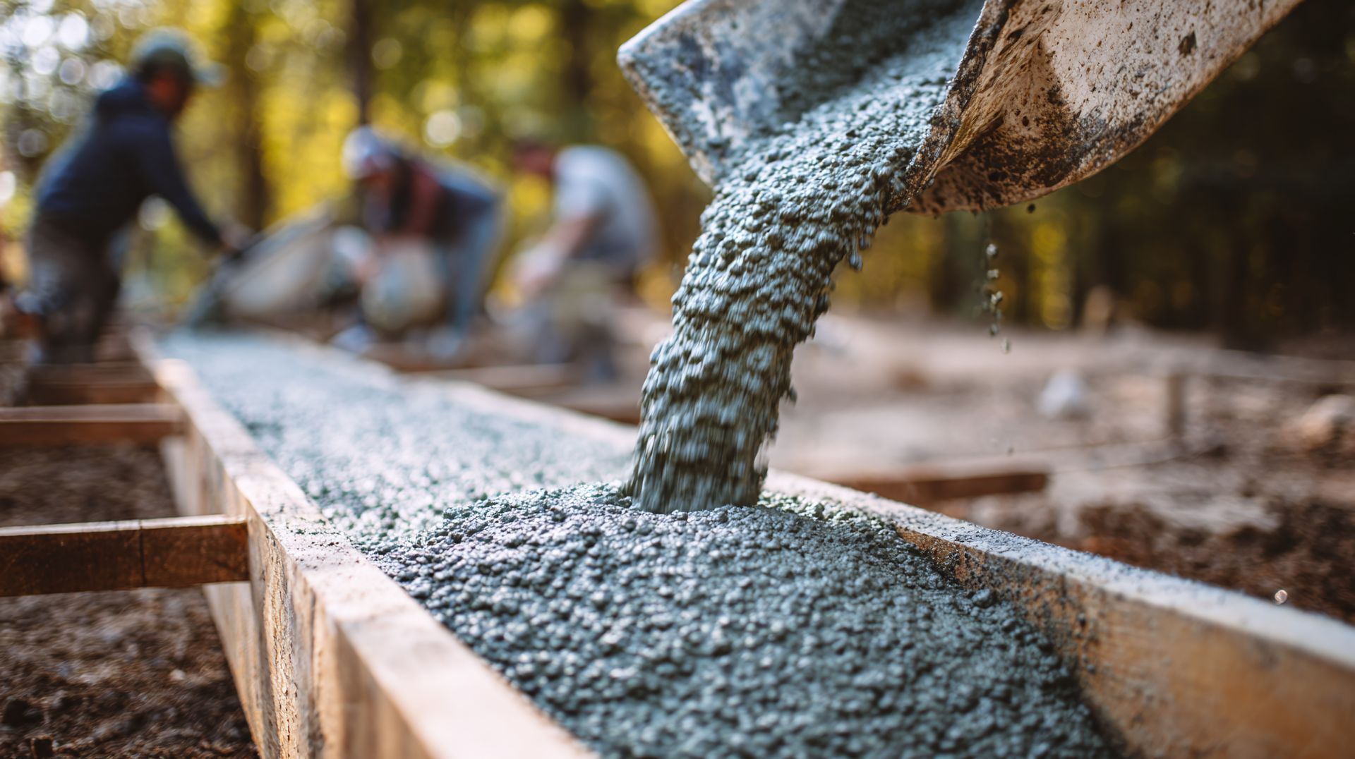 Concrete pouring into a wooden frame at a construction site, workers in background.