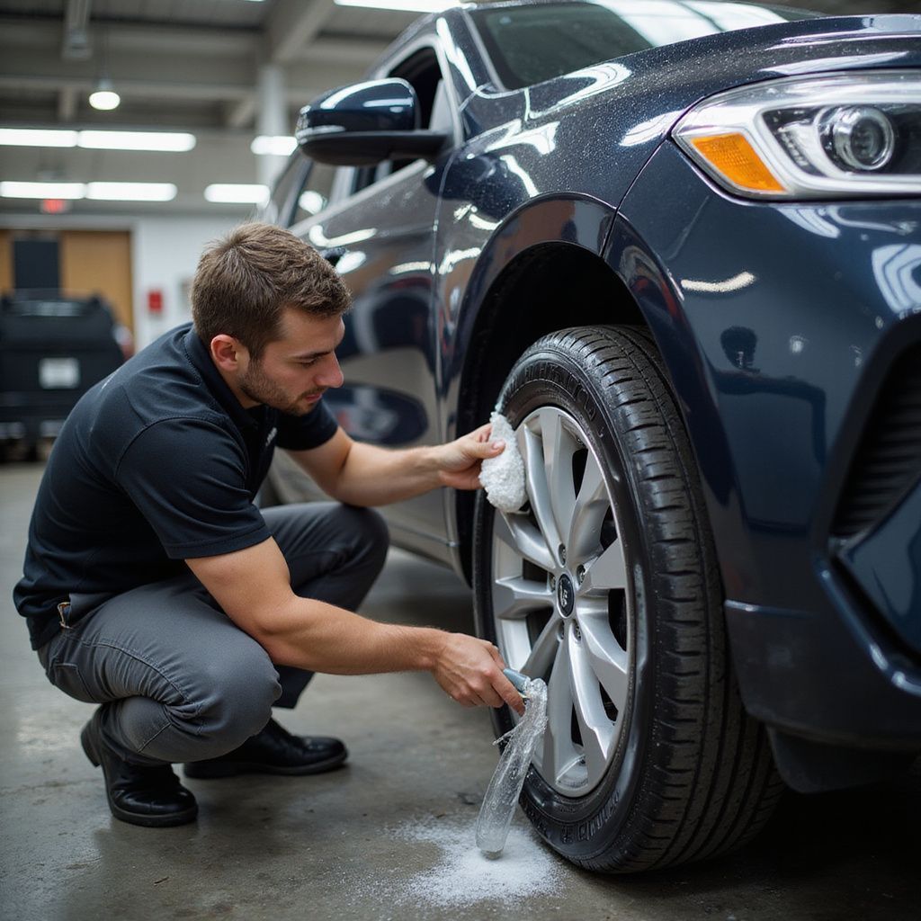 Man cleaning car tire, squatting, white cloth, blue SUV, garage setting.