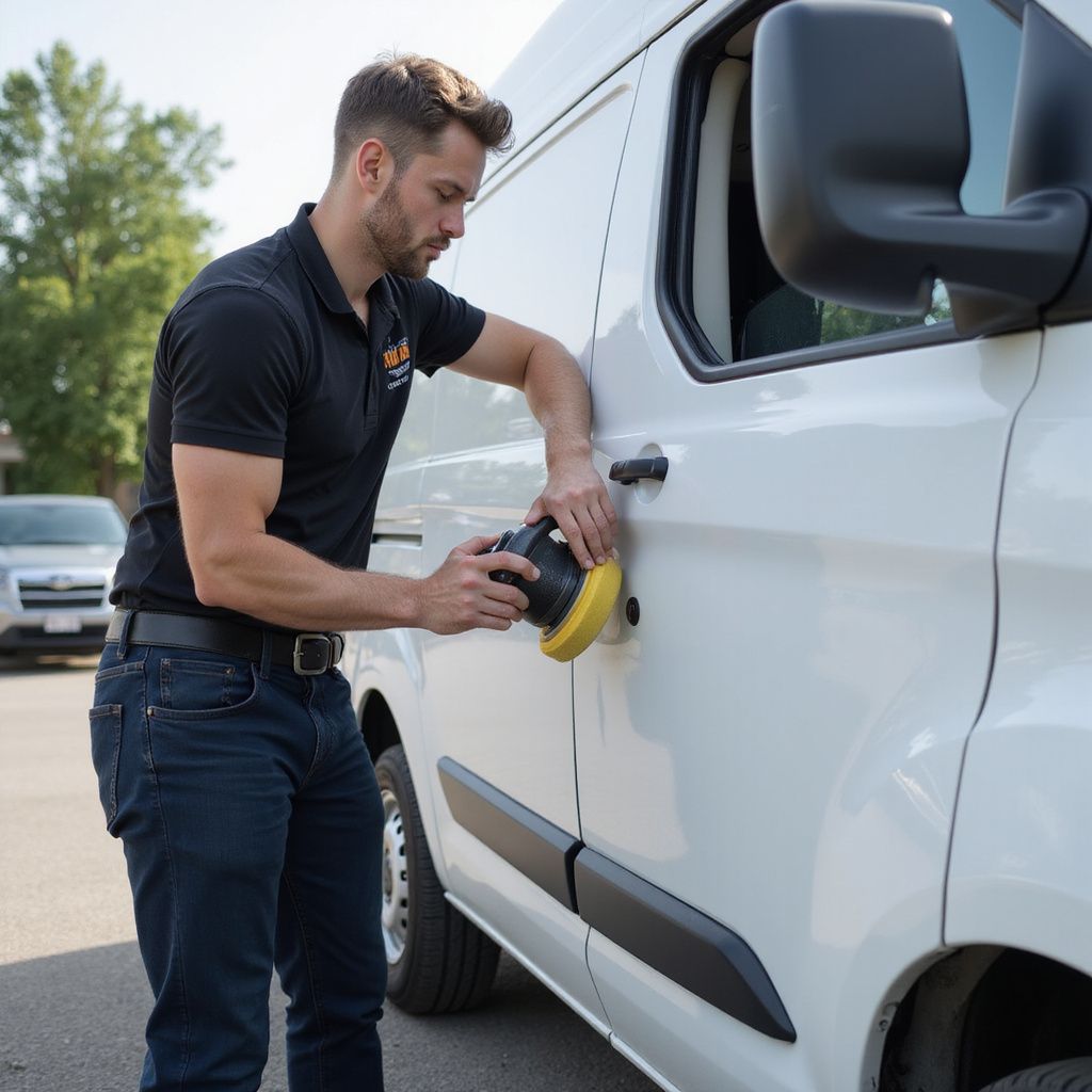 A man uses a dent puller on the white door of a van, outdoors on a sunny day.
