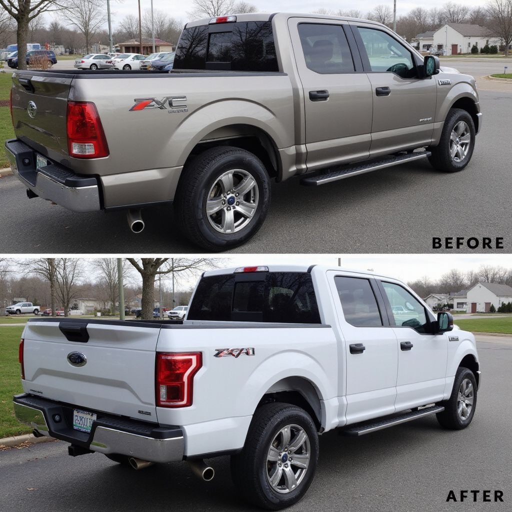 Before and after of a tan to white Ford F-150 pickup truck with chrome accents.