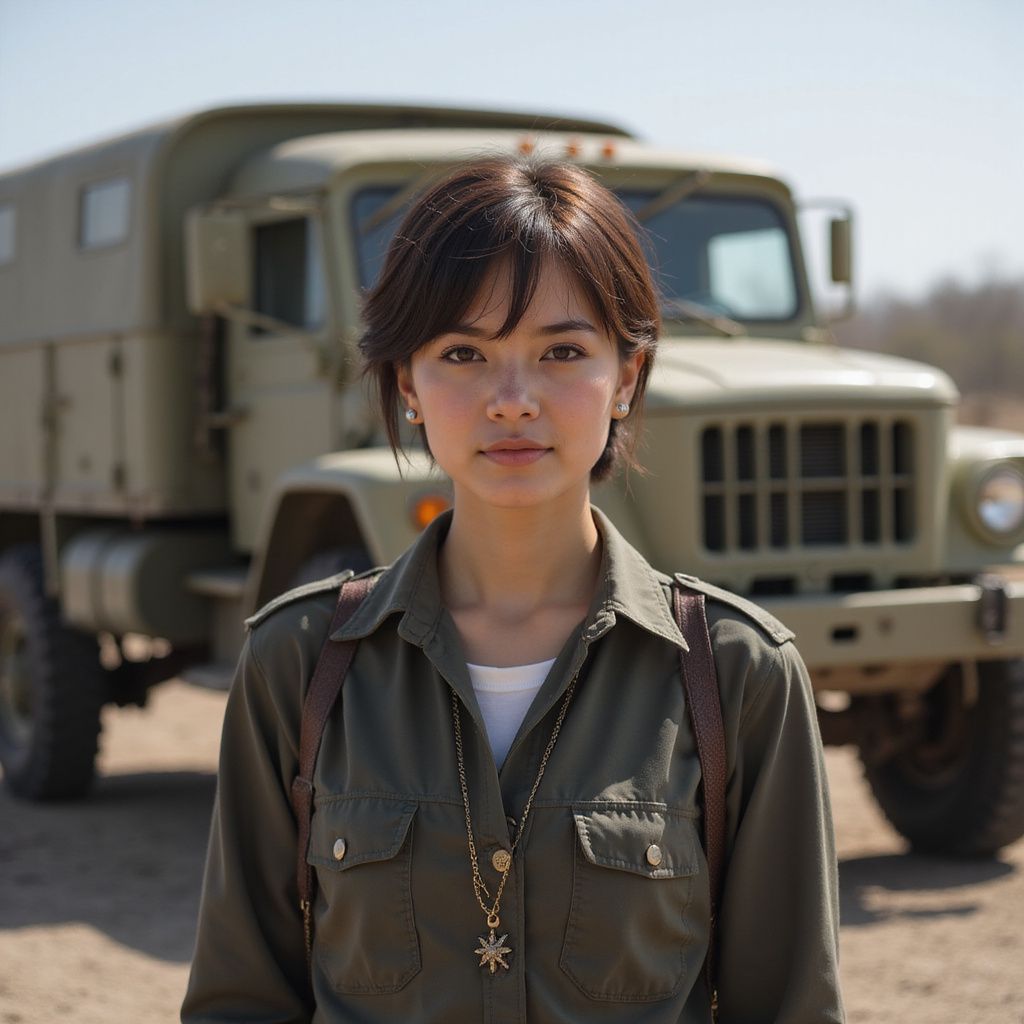 Woman in olive shirt stands before military truck. Sunny, outdoor setting.