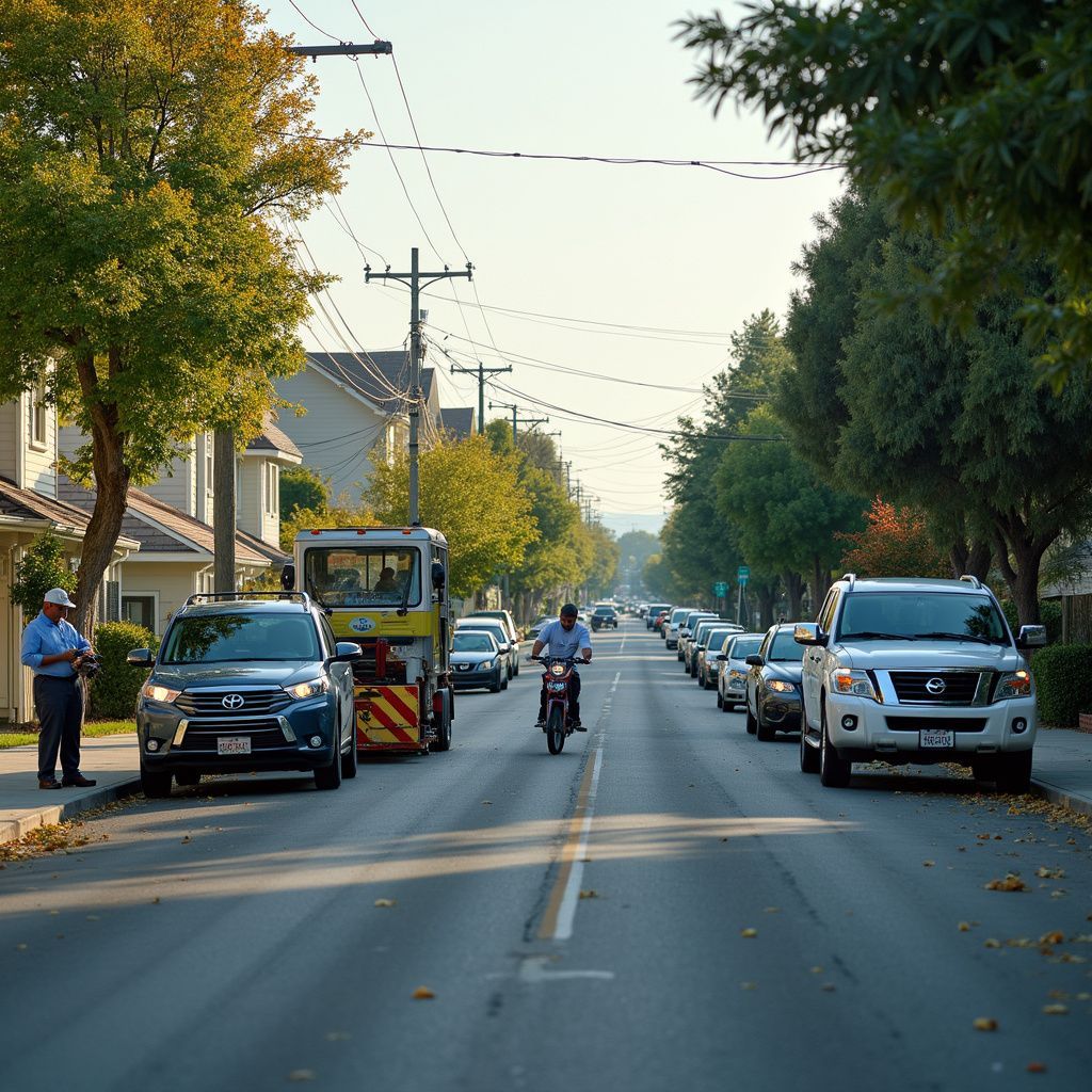 Street with cars and motorcycle. Road work vehicle ahead, lined traffic. Person in uniform on sidewalk.