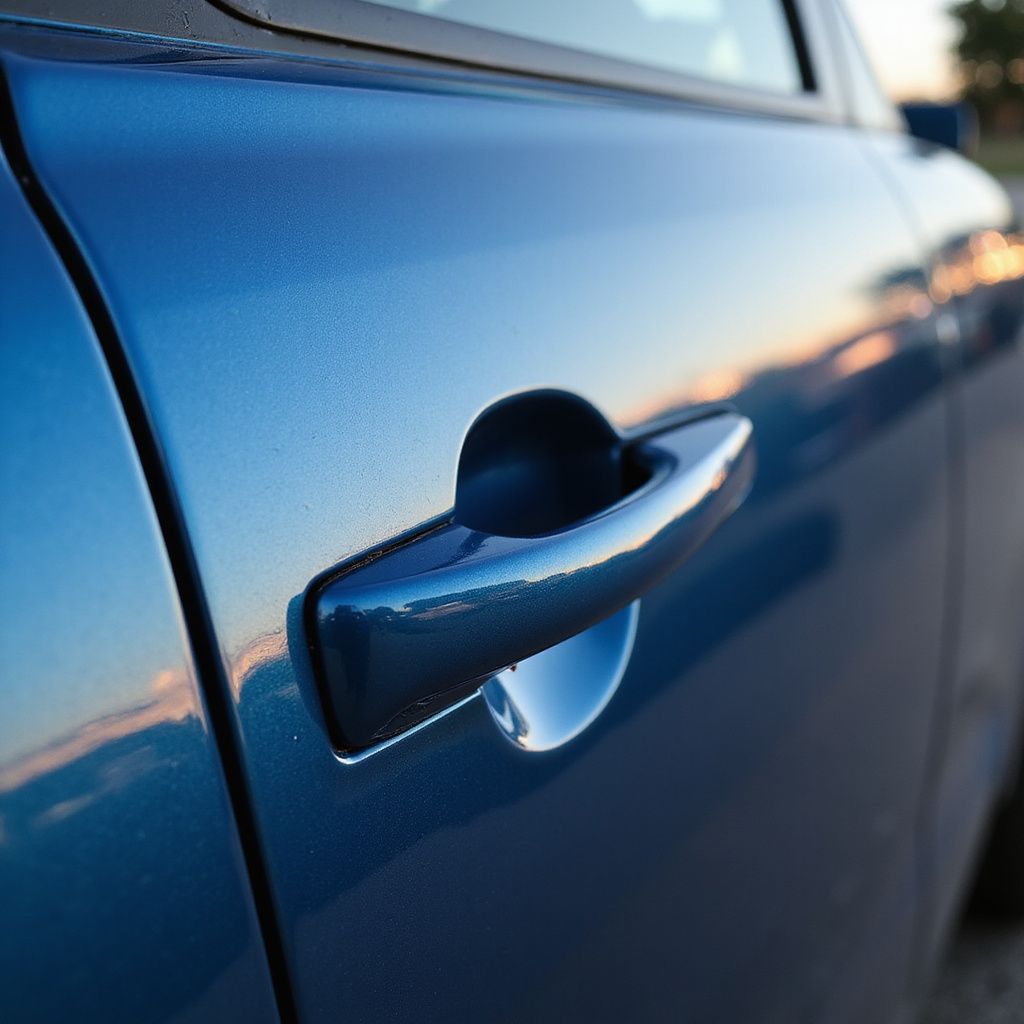 Blue car door with handle; close-up view.