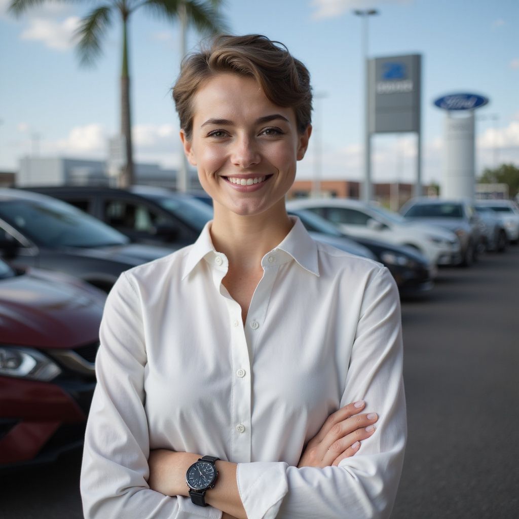 Woman in white shirt, arms crossed, smiles in front of cars at a Ford dealership.