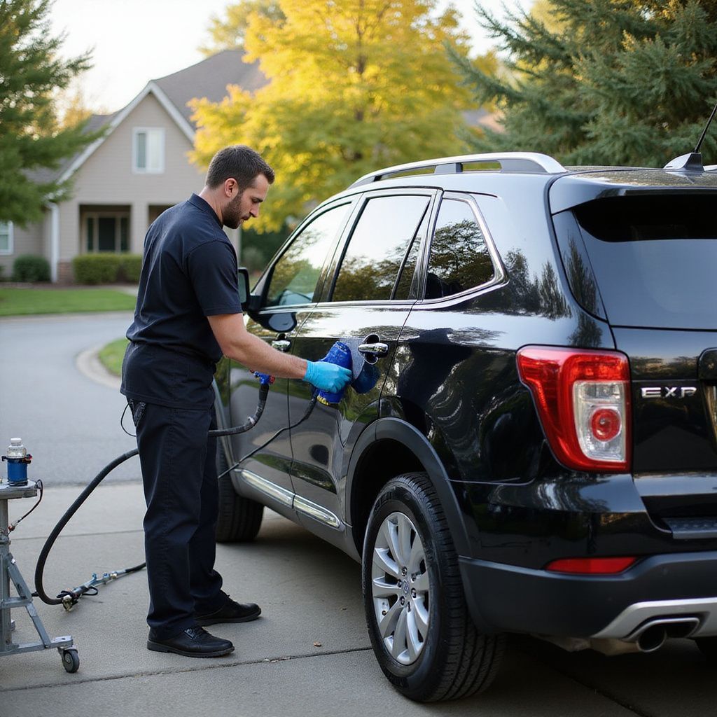 Man washing a black SUV with a pressure washer in a driveway.