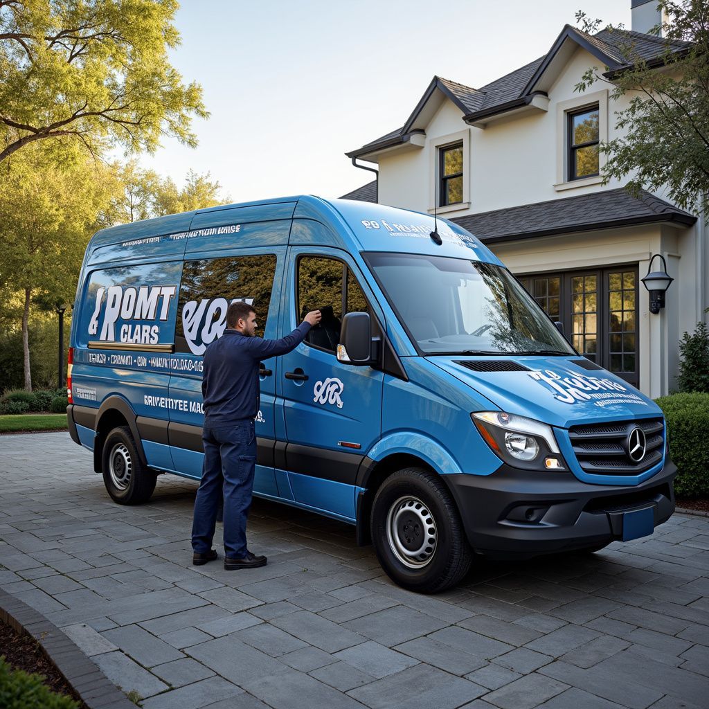 A blue service van parked in front of a house, a person in a uniform reaching into it.