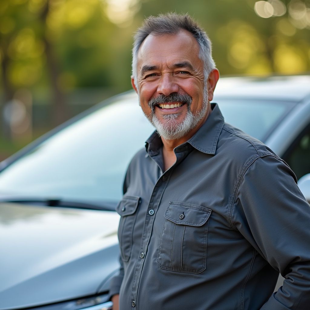 Man in gray shirt smiling, leaning on a gray car outdoors.