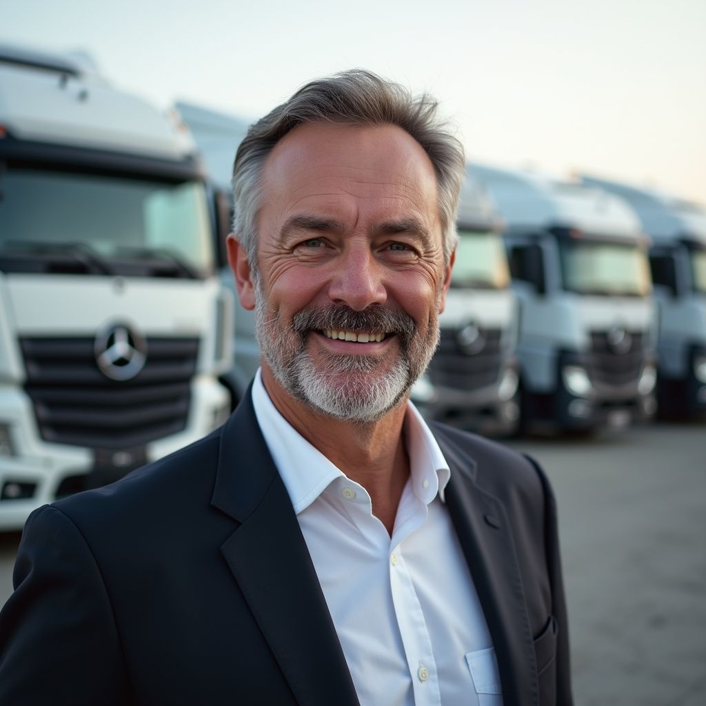 Smiling man in suit stands in front of a line of trucks.