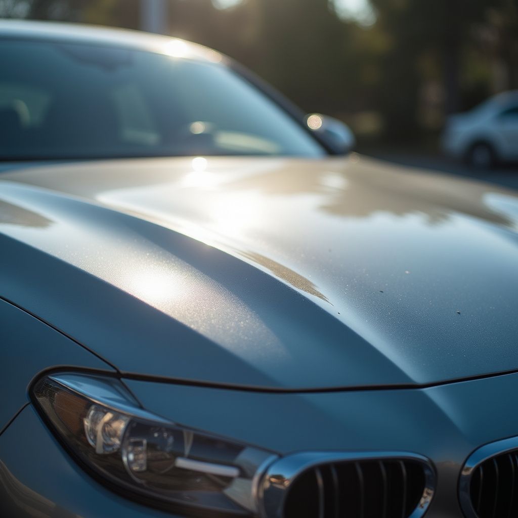 Silver car hood reflecting sunlight, parked outdoors.