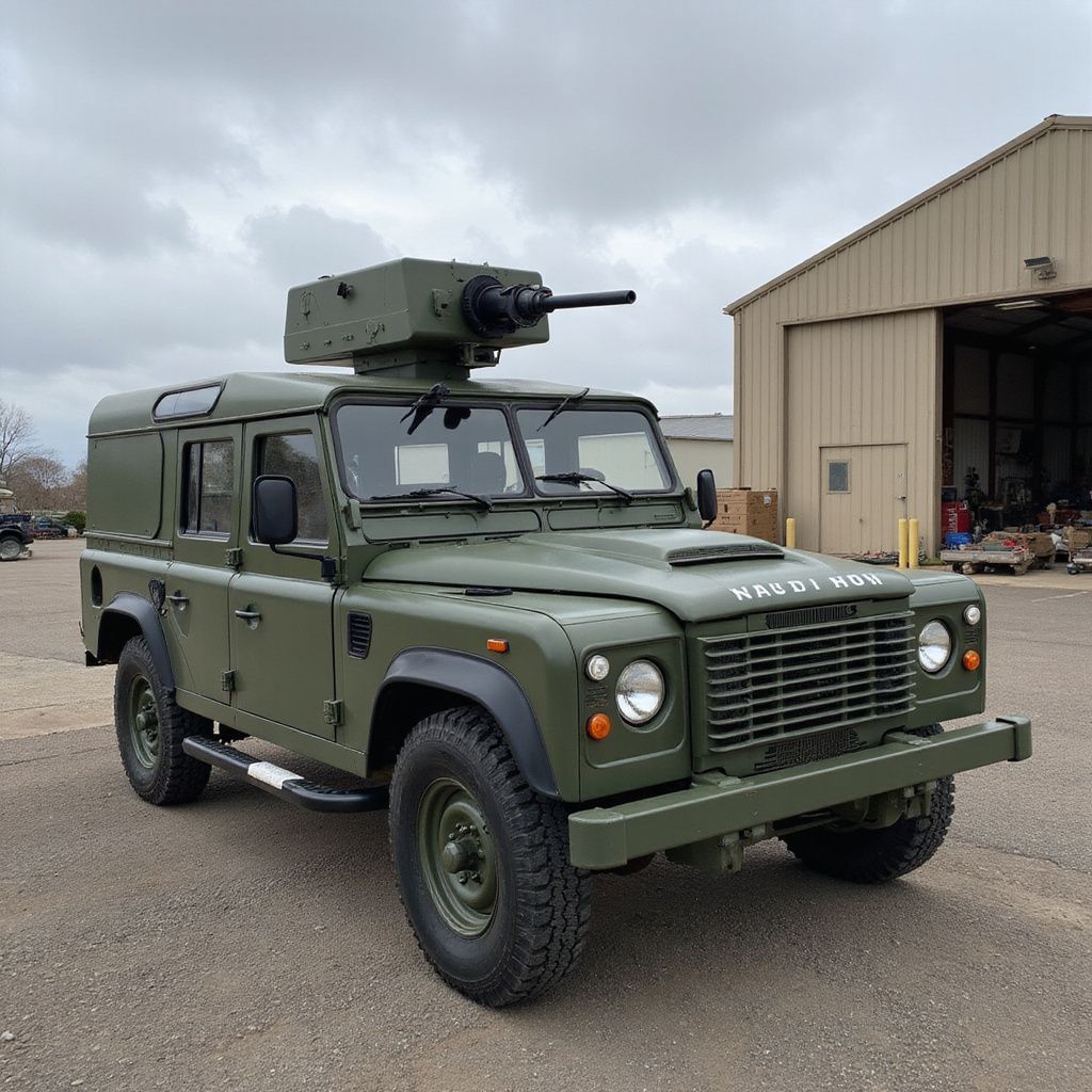 Green military Land Rover with a turret on the roof, parked in front of a tan building.