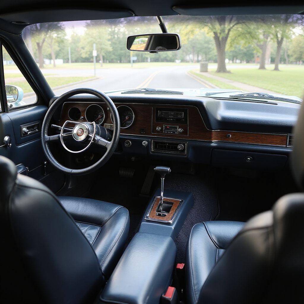 Interior view of a classic blue car, featuring black leather seats, a wood-trimmed dashboard, and a steering wheel.