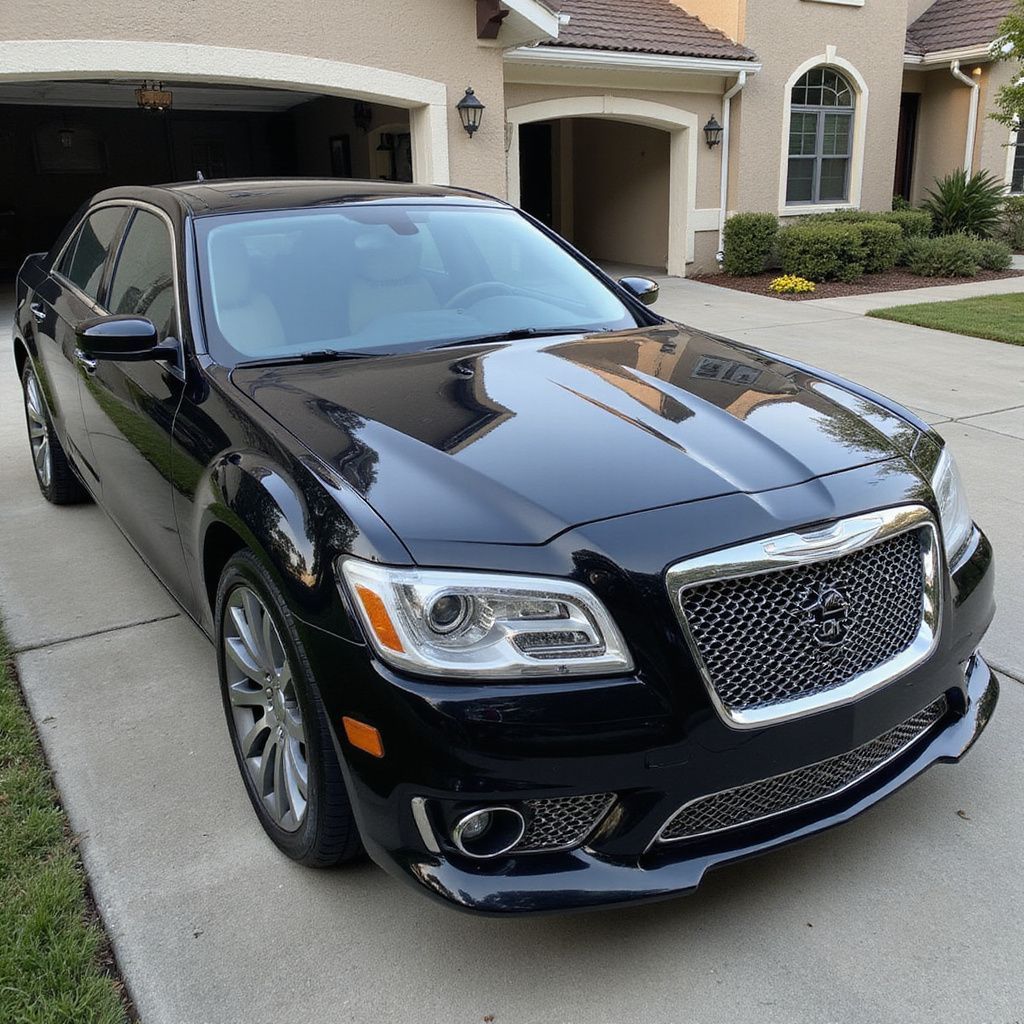 Black Chrysler 300 sedan parked on a driveway in front of a house, shiny exterior.