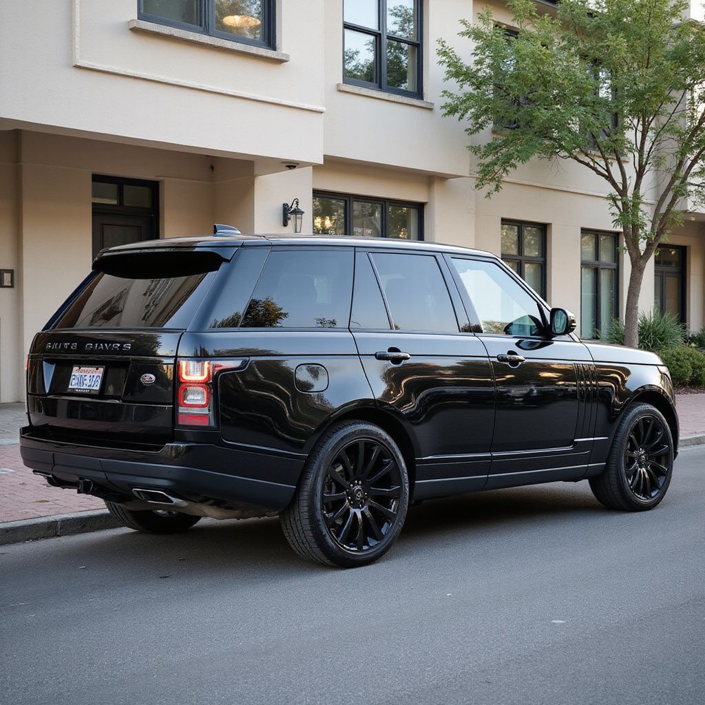 Black Range Rover SUV parked on a city street, with a beige building in the background.