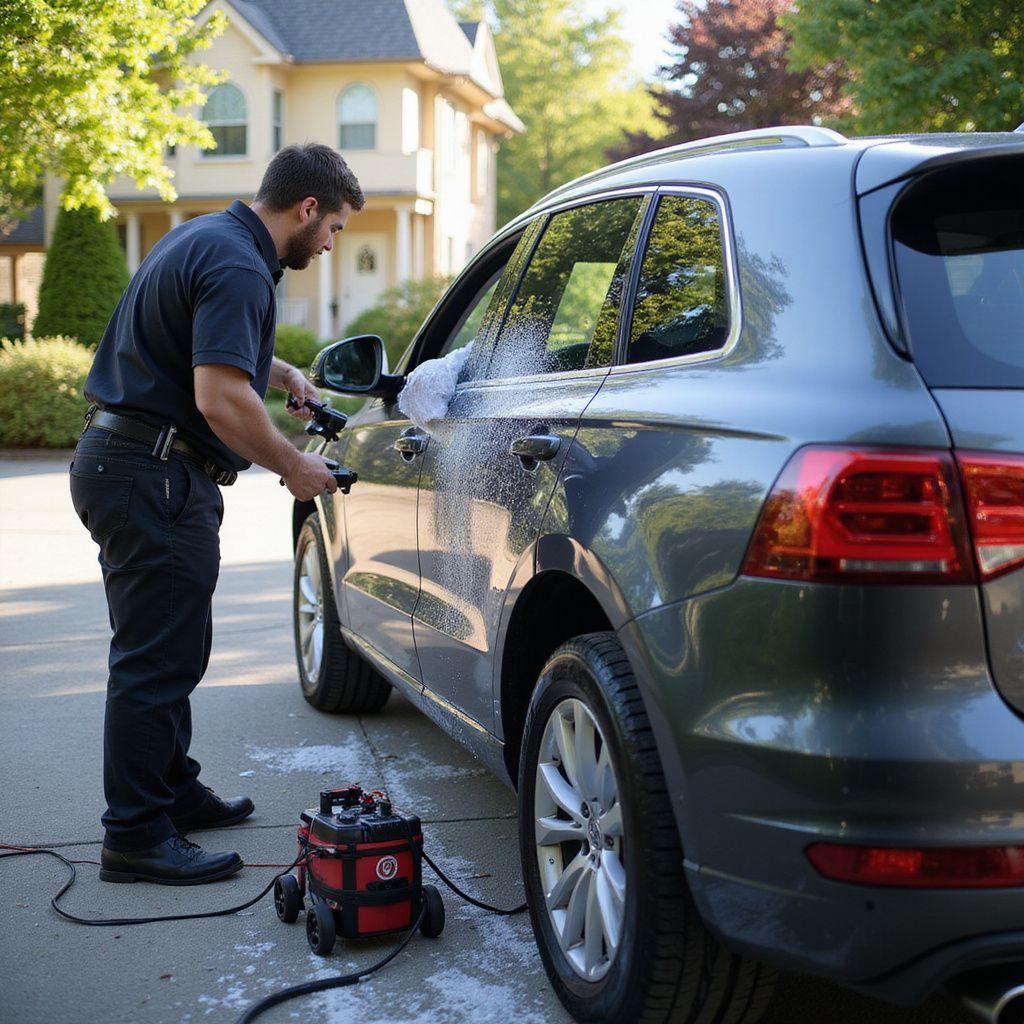 Man washing a gray SUV with soap and water from a portable pressure washer in a driveway.